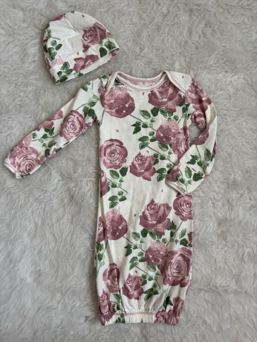 Burt's Bees Floral Rose Print Long Sleeve Baby Sleep Gown and Hat